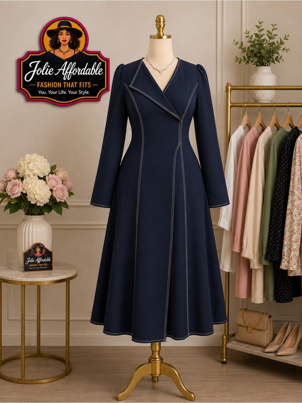 Navy Fit-and-Flare Long Sleeve Dress